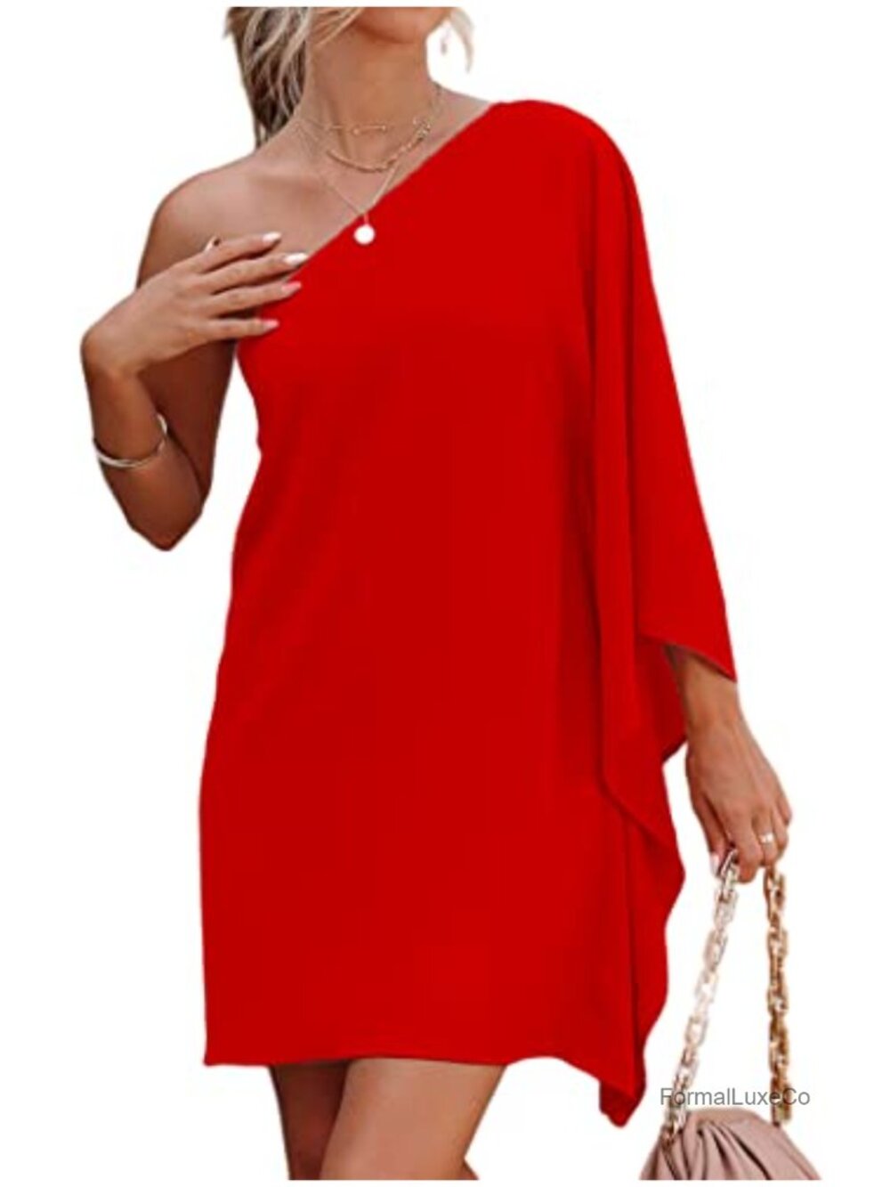 One Shoulder Ruffle Sleeve Mini Cocktail Party Dress Loose Fit